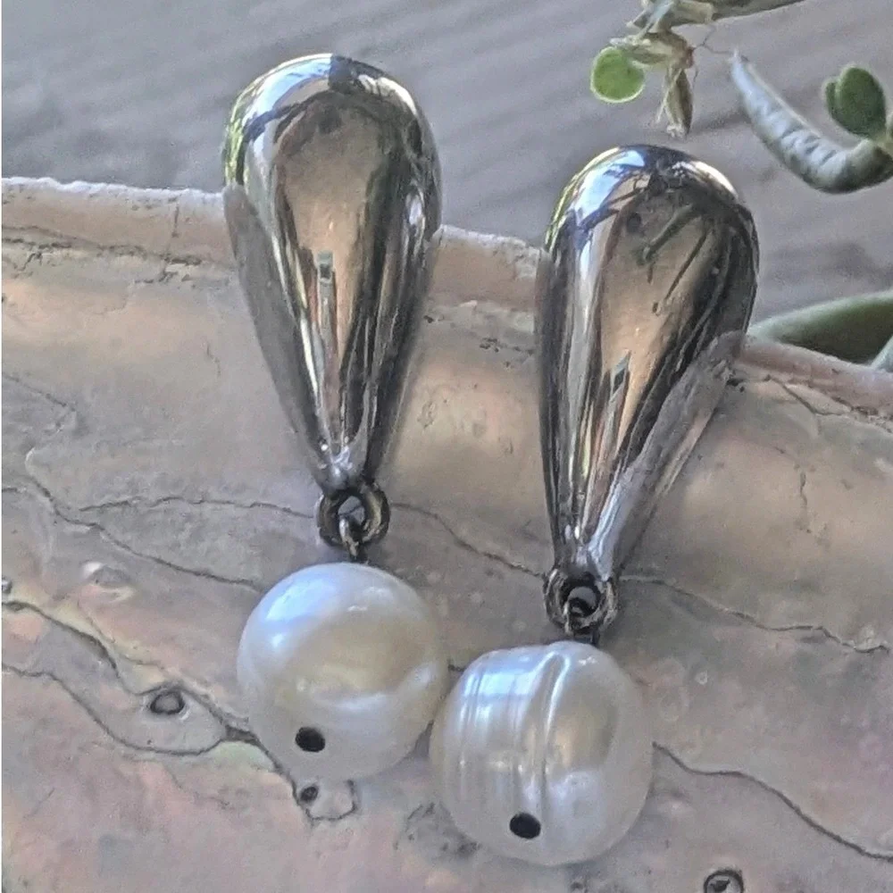 Sterling Silver Teardrop Baroque Freshwater Pearl Drop‎ Earrings 925 Modernist
